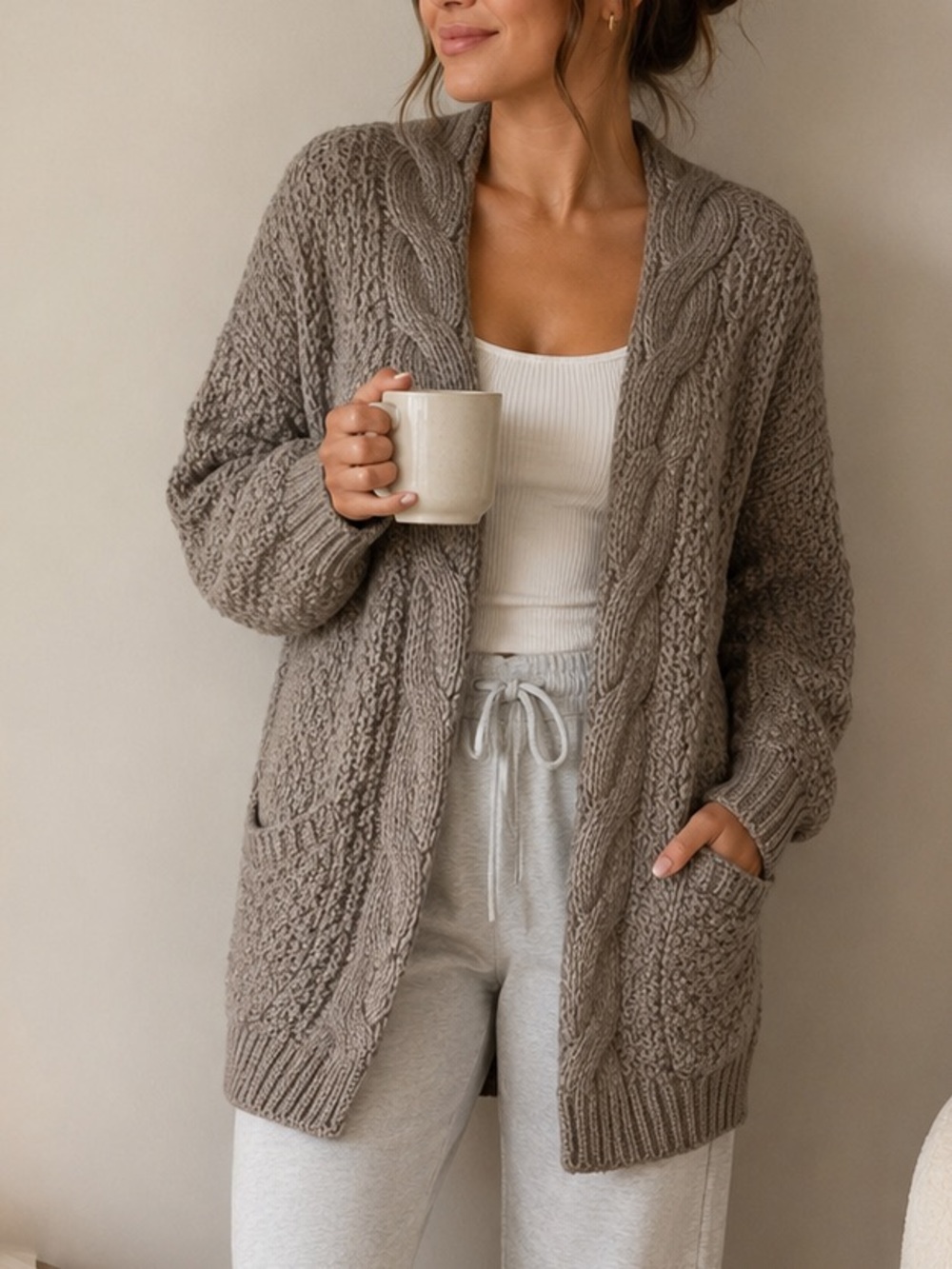 Wishlist Chunky Cable Knit Open Front Cardigan Taupe Sweater size M/L